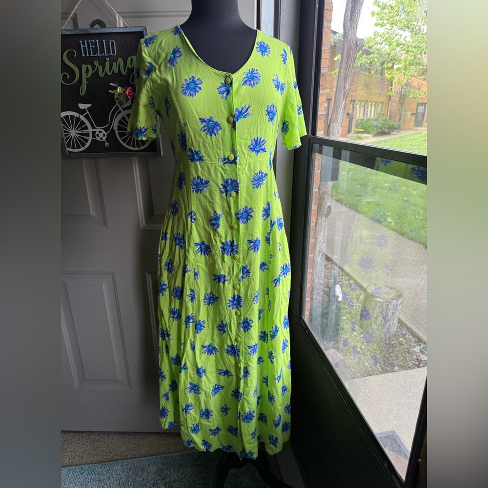 Vintage 90s Jennifer Moore neon flower power button down maxi dress, size small
